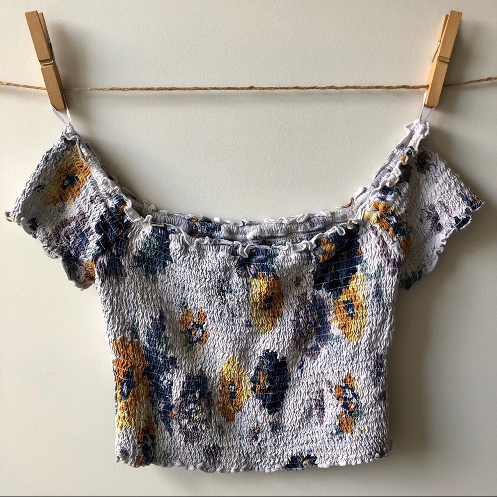 A&F scrunched floral off the shoulder crop top